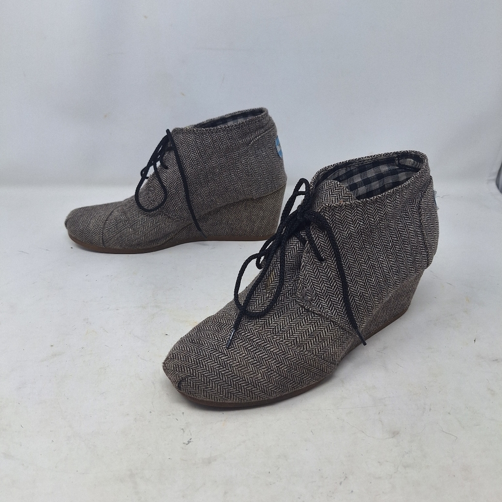 Toms Desert Grey Herringbone Canvas Wedges Dark Academia Indie Ankle Boots Sz 8W